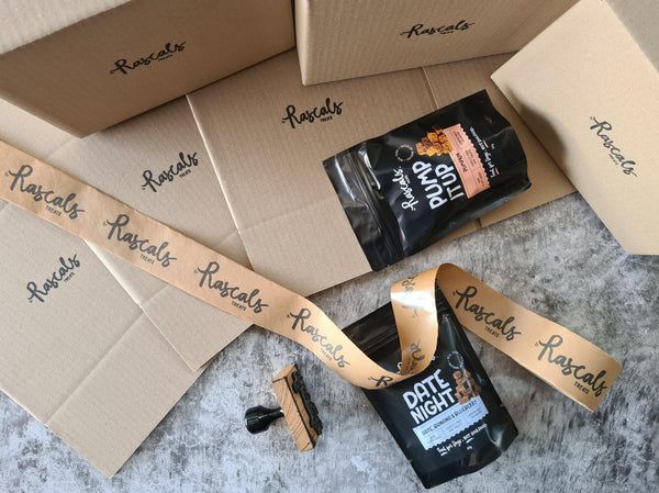 Rascals Treats use of rubber stamps and paper tape for packaging